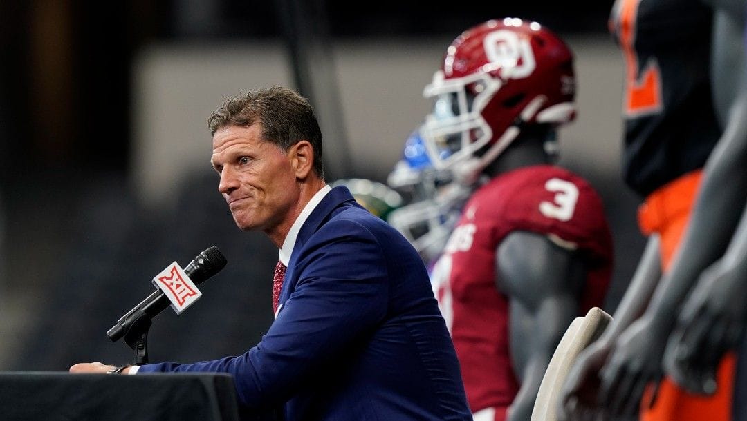 Oklahoma head coach Brent Venables pauses while speaking to reporters at the NCAA college football Big 12 media days in Arlington, Texas, Thursday, July 14, 2022.