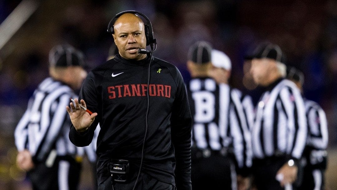Stanford head coach David Shaw gestures during the fourth quarter of an NCAA college football game against Washington in Stanford, Calif., Saturday, Oct. 30, 2021. Washington won 20-13.