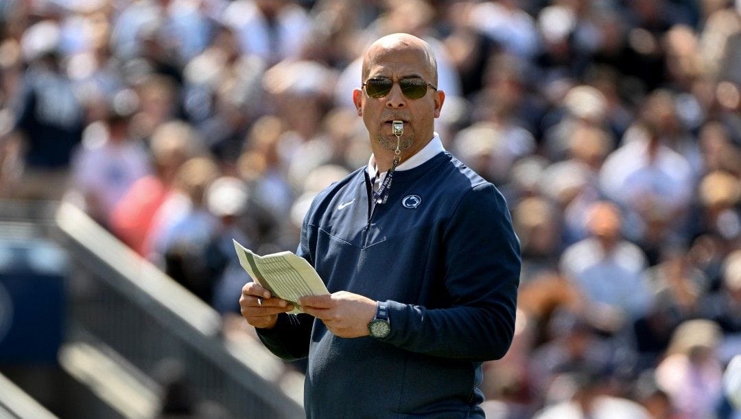 Penn State head coach James Franklin looks on during an NCAA college spring football game Saturday, April 23, 2022, in State College, Pa.