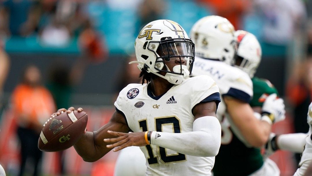 Georgia Tech quarterback Jeff Sims drops back to pass during the second half of an NCAA college football game against Miami, Saturday, Nov. 6, 2021, in Miami Gardens, Fla.