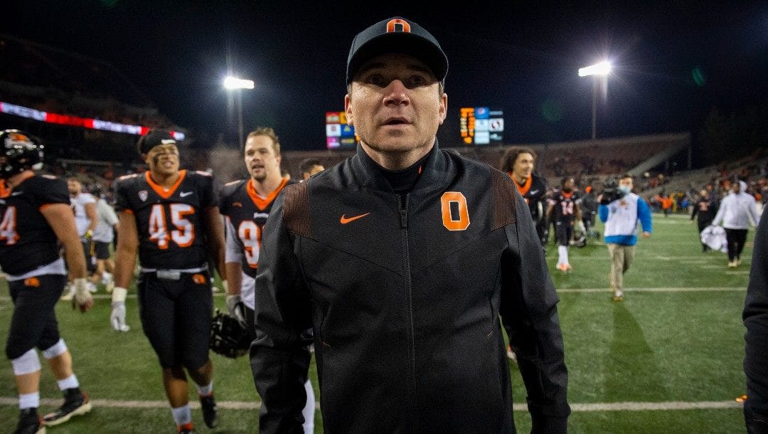 Oregon State head coach Jonathan Smith leaves the field after an NCAA college football game Saturday, Nov. 20, 2021, in Corvallis, Ore. Oregon State defeated Arizona State 24-10.