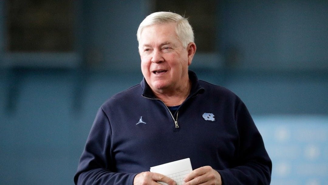 North Carolina head coach Mack Brown talks to the players and NFL scouts at the start of the event during Pro Day, Monday, March 28, 2022, in Chapel Hill, N.C.