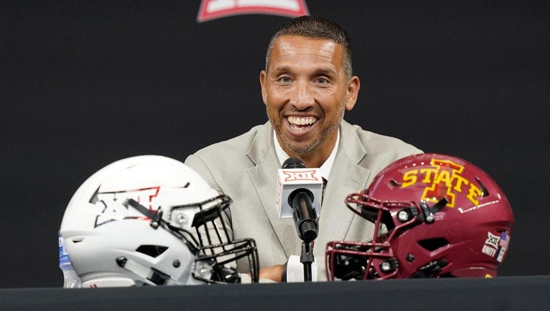 Iowa head coach Matt Campbell smiles while speaking to reporters at the NCAA college football Big 12 media days in Arlington, Texas, Thursday, July 14, 2022.