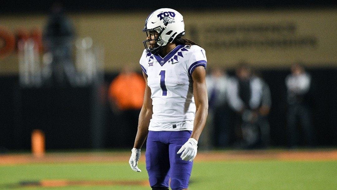 TCU wide receiver Quentin Johnston (1) looks to the sideline during an NCAA college football game Saturday, Nov. 13, 2021, in Stillwater, Okla.