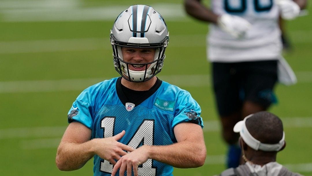 Carolina Panthers' Sam Darnold takes part in drills at the NFL football team's practice facility Tuesday, June 14, 2022, in Charlotte, N.C.