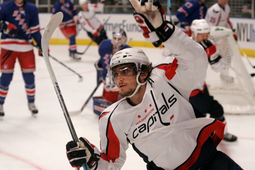Washington Capitals' Alexander Ovechkin, foreground, celebrates after scoring during the first period of hockey action against the New York Rangers Friday, Oct. 12, 2007, in New York.