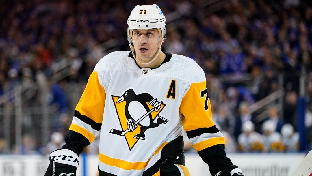 Pittsburgh Penguins' Evgeni Malkin (71) during the first period of Game 2 of an NHL hockey Stanley Cup first-round playoff series against the New York Rangers Thursday, May 5, 2022, in New York.