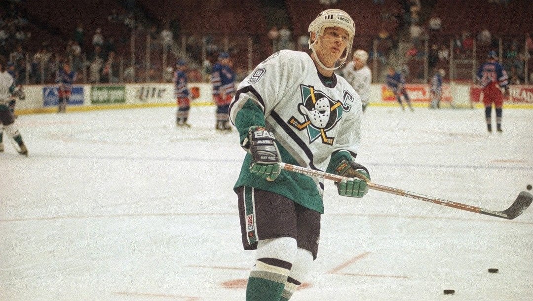 Anaheim Mighty Ducks left winger Paul Kariya before a game against the New York Rangers at the Arrowhead Pond of Anaheim, California on Friday, March 7, 1997.