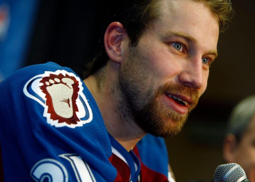 Colorado Avalanche center Peter Forsberg, of Sweden, jokes with reporters after taking part in his first practice with the team after signing a contract with the Avalanche earlier this week in Denver on Saturday, March 1, 2008. Forsberg, who has been recovering from ankle surgery in his native Sweden, is returning to the team with which he helped win two Stanley Cups.