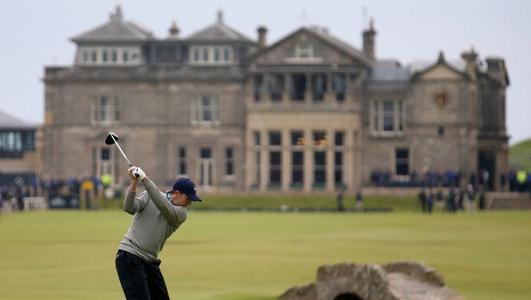 United States' Jordan Spieth drives from the 18th tee during the final round at the British Open Golf Championship at the Old Course, St. Andrews, Scotland.