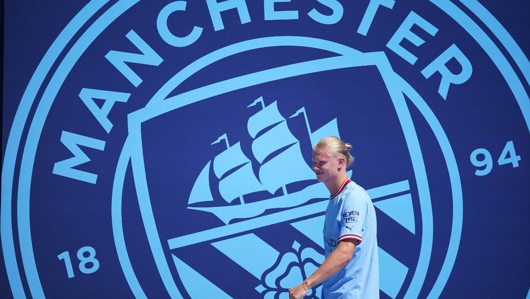 Manchester City's Erling Haaland is cheered by fans during club's new signings presentation, in Manchester, England, Sunday, July 10, 2022.