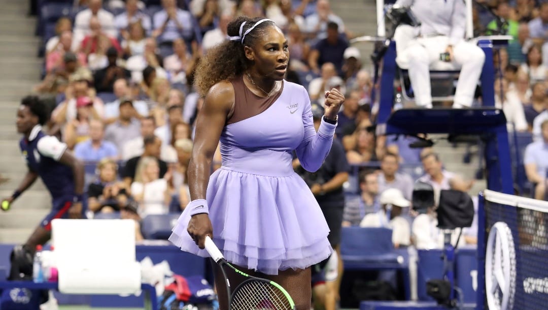 Serena Williams reacts during her match to Anastasija Sevastova, of Latvia, during the semifinals of the U.S. Open tennis tournament at the USTA Billie Jean King National Tennis Center on Thursday, Sept. 6, 2018, in New York.