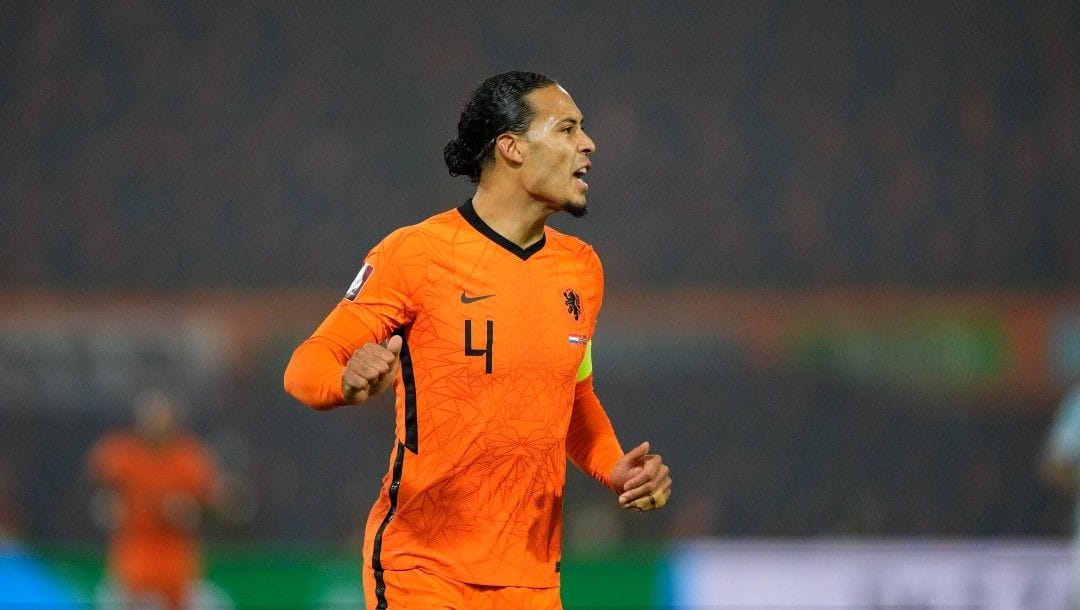Netherlands' Virgil van Dijk during the World Cup 2022 group G qualifying soccer match between the Netherlands and Norway at De Kuip stadium in Rotterdam, Netherlands, Tuesday, Nov. 16, 2021.