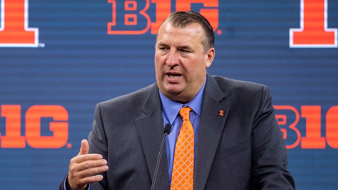 FILE - University of Illinois head coach Bret Bielema speaks during an NCAA college football news conference at the Big Ten Conference media days, Thursday, July 22, 2021, at Lucas Oil Stadium in Indianapolis.