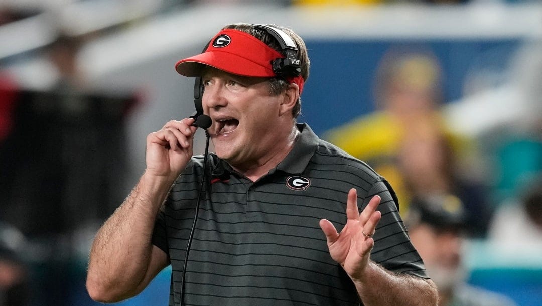 Georgia head coach Kirby Smart reacts during the second half of the Orange Bowl NCAA College Football Playoff semifinal game against Michigan, Friday, Dec. 31, 2021, in Miami Gardens, Fla. (AP Photo/Rebecca Blackwell)