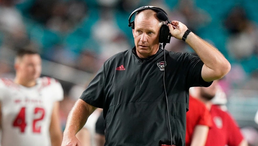 North Carolina State head coach Dave Doeren is shown during the first half of an NCAA college football game against Miami, Saturday, Oct. 23, 2021, in Miami Gardens, Fla. (AP Photo/Wilfredo Lee)