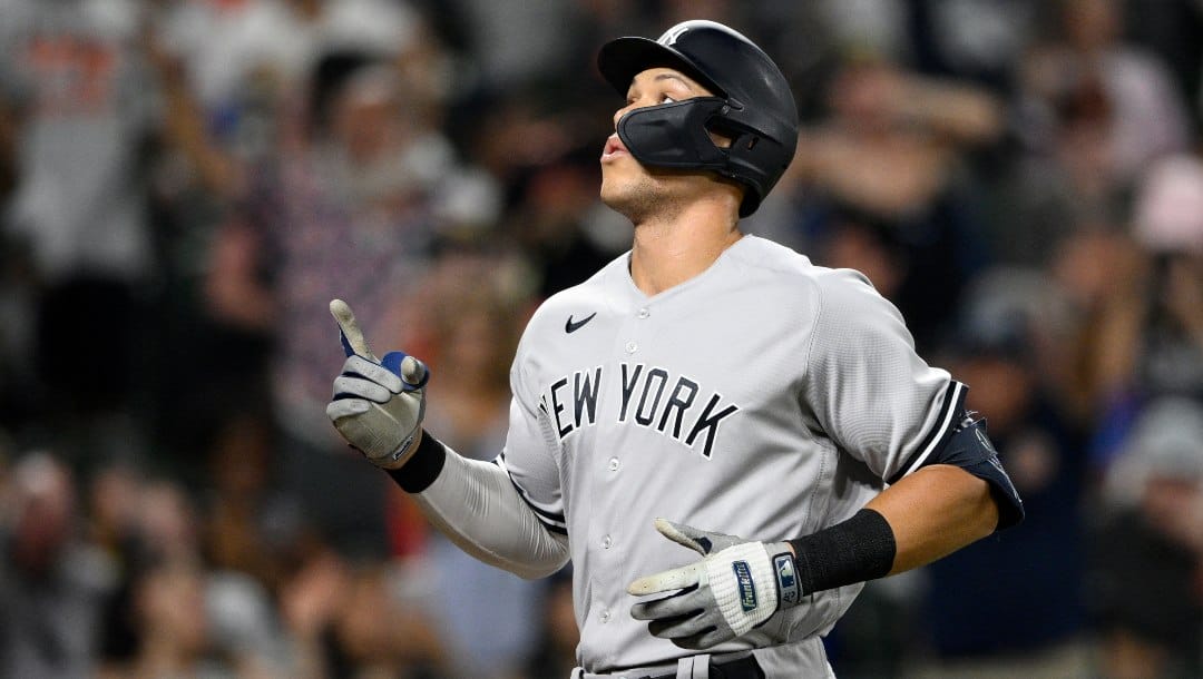 New York Yankees' Aaron Judge celebrates his home run during the fifth inning of a baseball game against the Baltimore Orioles, Friday, July 22, 2022, in Baltimore. The Yankees won 7-6.