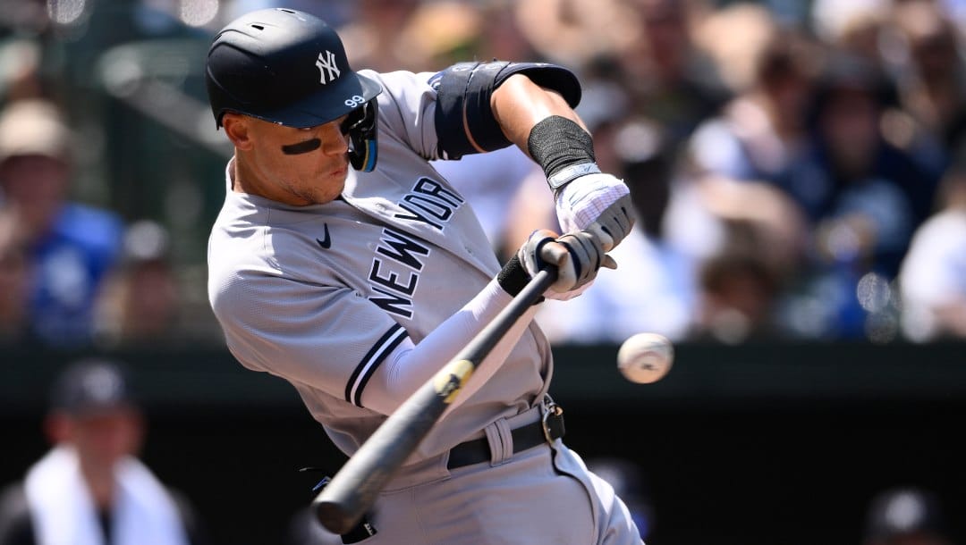 New York Yankees' Aaron Judge in action during a baseball game against the Baltimore Orioles, Sunday, July 24, 2022, in Baltimore.