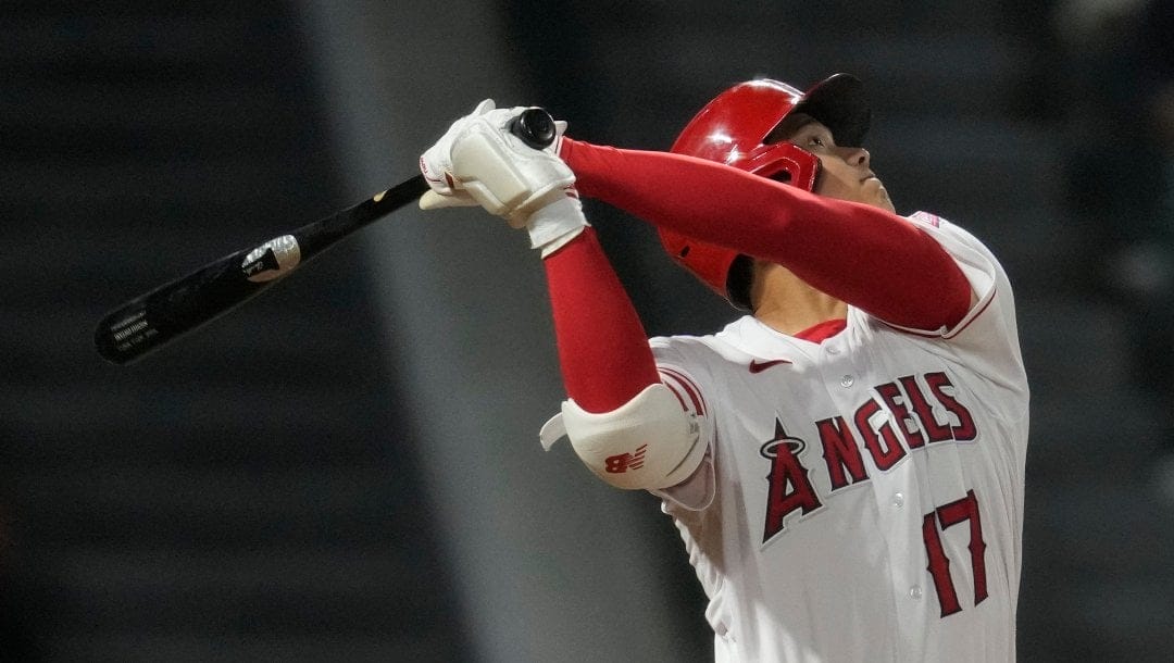 Los Angeles Angels designated hitter Shohei Ohtani (17) flies out during the seventh inning of a baseball game against the Houston Astros in Anaheim, Calif., Monday, May 8, 2023.