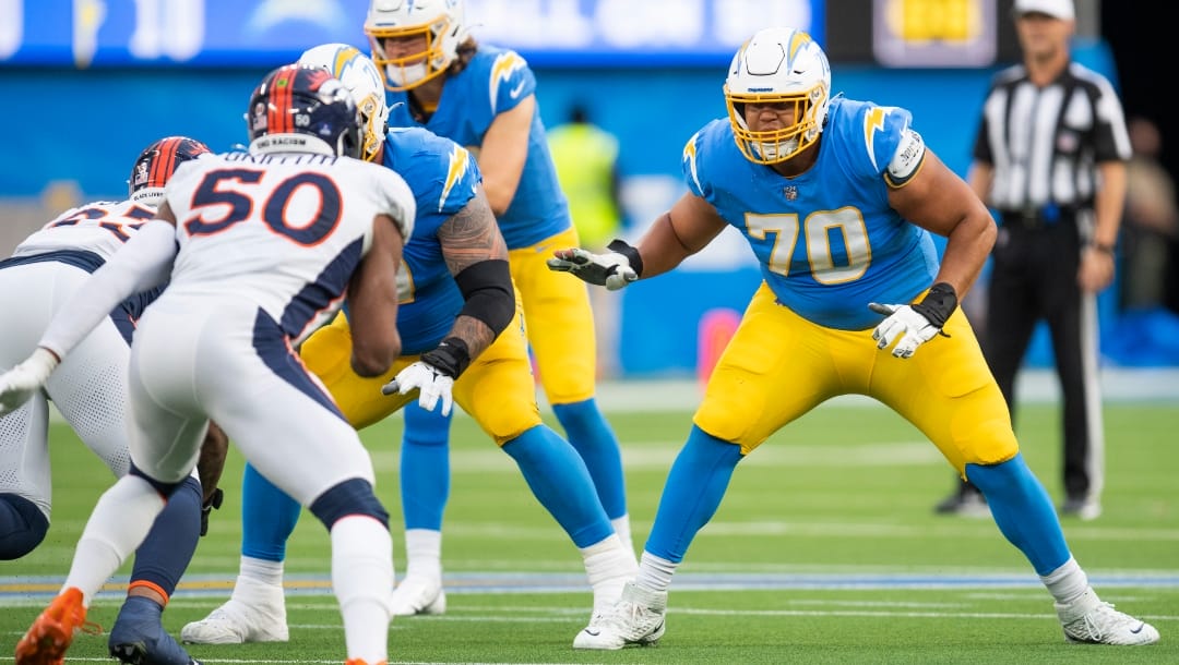 Los Angeles Chargers offensive tackle Rashawn Slater (70) takes his stance