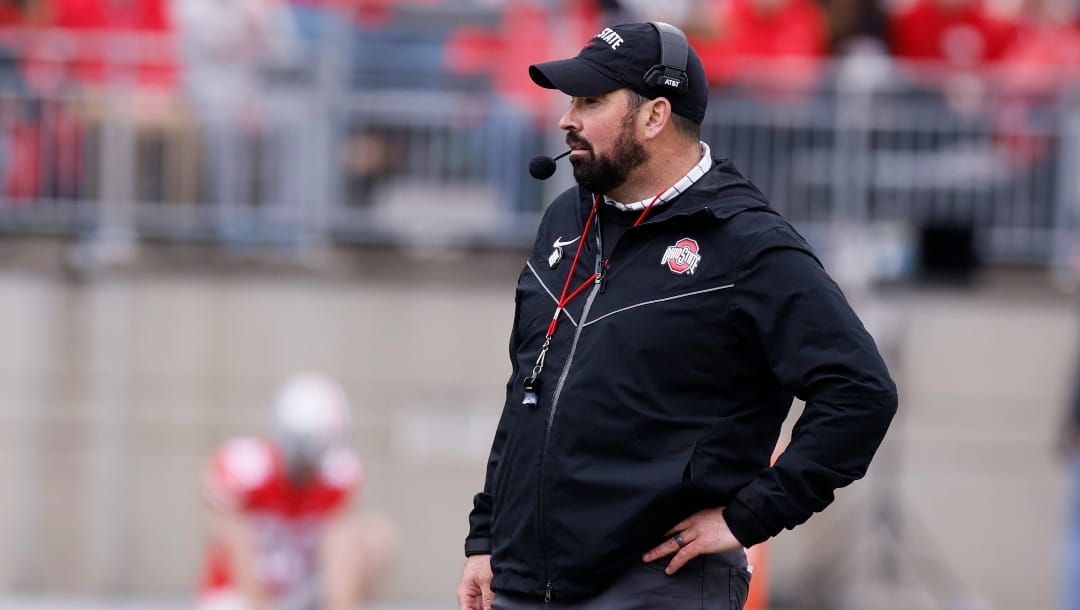Ohio State head coach Ryan Day watches his team during an NCAA college spring football game Saturday, April 16, 2022, in Columbus, Ohio.