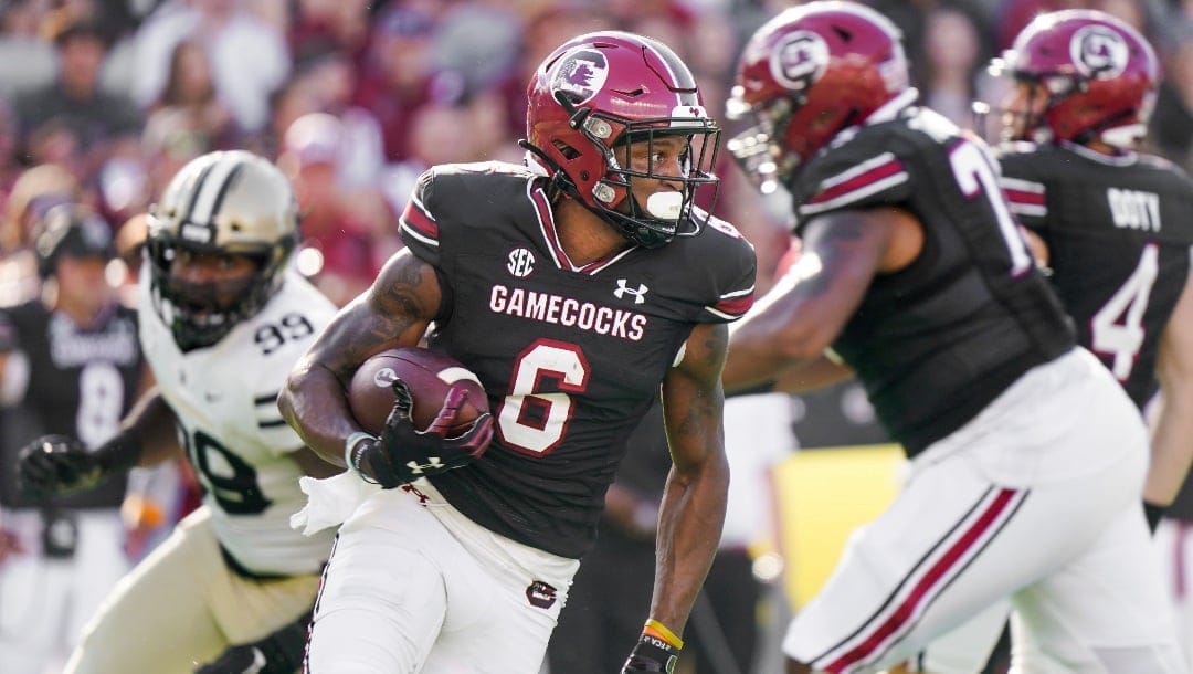 South Carolina wide receiver Josh Vann (6) runs with the ball during the first half of an NCAA college football game against Vanderbilt, Saturday, Oct. 16, 2021, in Columbia, S.C.