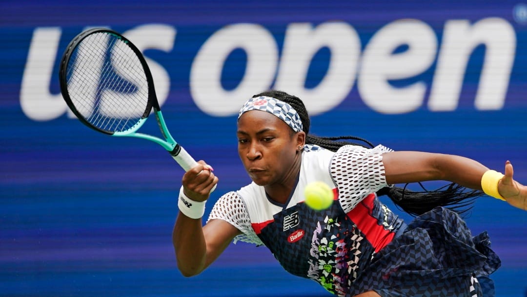 FILE - Coco Gauff, of the United States, returns to Shuai Zhang, of China,, during the fourth round of the U.S. Open tennis championships, Sunday, Sept. 4, 2022, in New York. Gauff is expected to compete in the season-ending WTA Finals that begin Monday, Oct. 31, 2022, in Fort Worth, Texas. (AP Photo/Eduardo Munoz Alvarez, File)