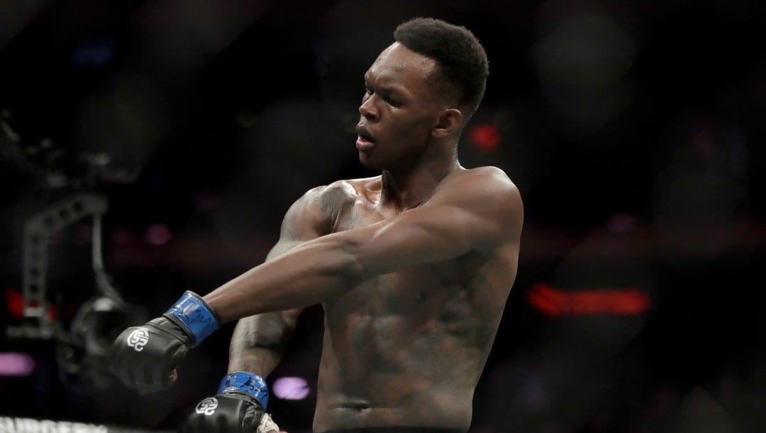 Israel Adesanya reacts after defeating Derek Brunson during the first round of a middleweight mixed martial arts bout at UFC 230, Saturday, Nov. 3, 2018, at Madison Square Garden in New York.