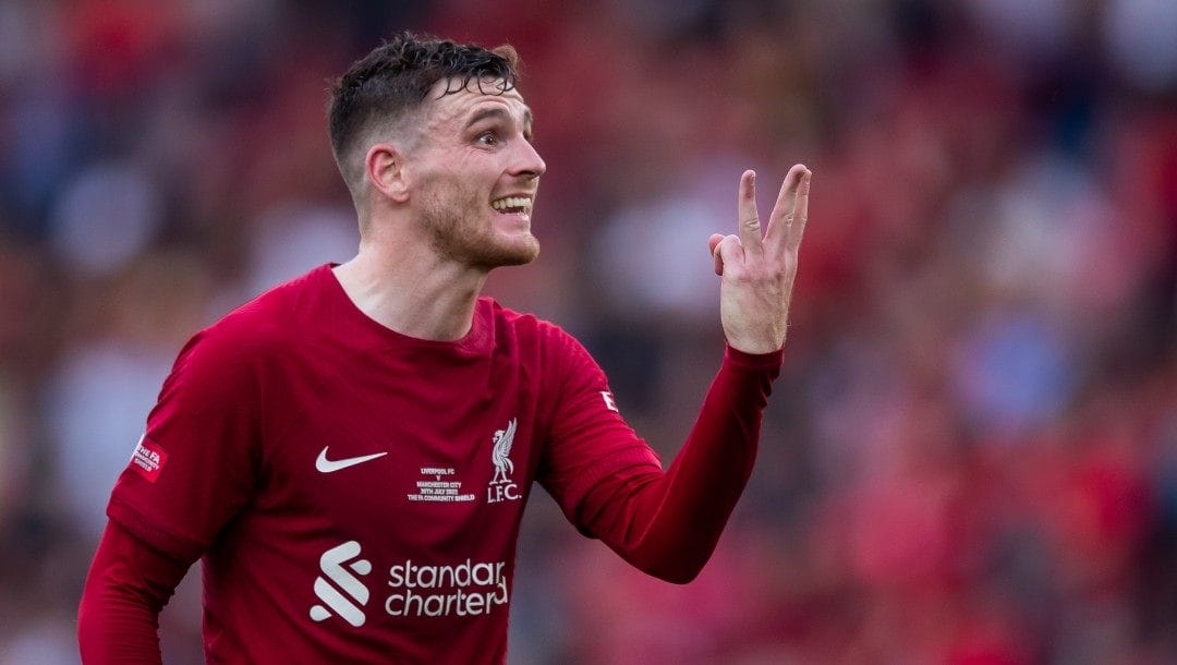 Liverpools Andrew Robertson during the Charity Shield soccer match between Liverpool and Manchester City at the King Power Stadium in Leicester, England, in Leicester, England, Saturday, July 30, 2022.