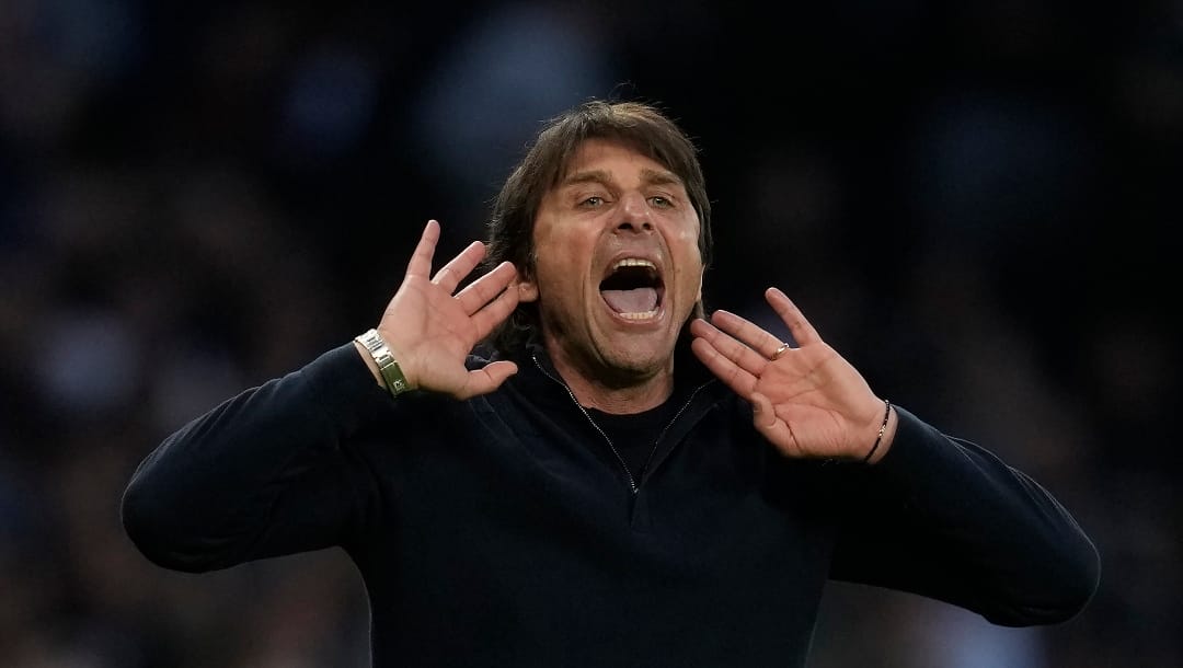 Tottenham's head coach Antonio Conte reacts during the English Premier League soccer match between Tottenham Hotspur and Arsenal at Tottenham Hotspur stadium in London, England, on May 12, 2022. (