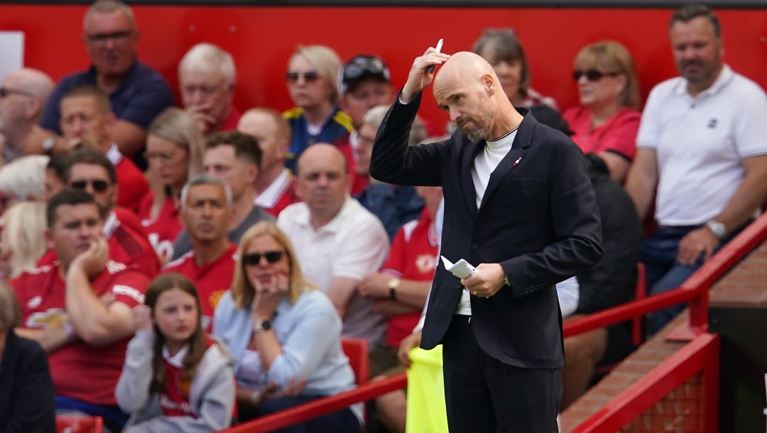 Manchester United's head coach Erik ten Hag stands during the English Premier League soccer match between Manchester United and Brighton at Old Trafford stadium in Manchester, England, Sunday, Aug. 7, 2022.