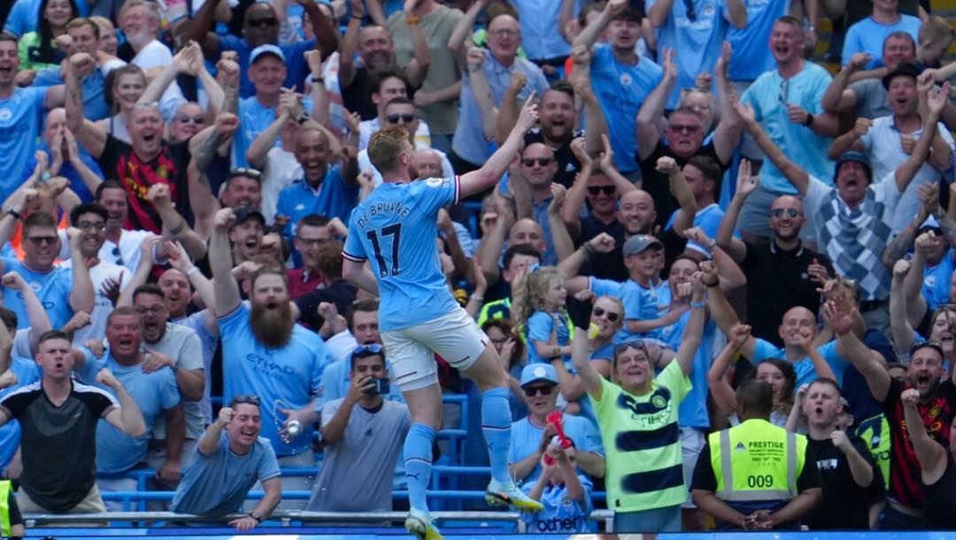 Manchester City's Kevin De Bruyne celebrates after scoring his side's second goal during the English Premier League soccer match between Manchester City and Bournemouth.