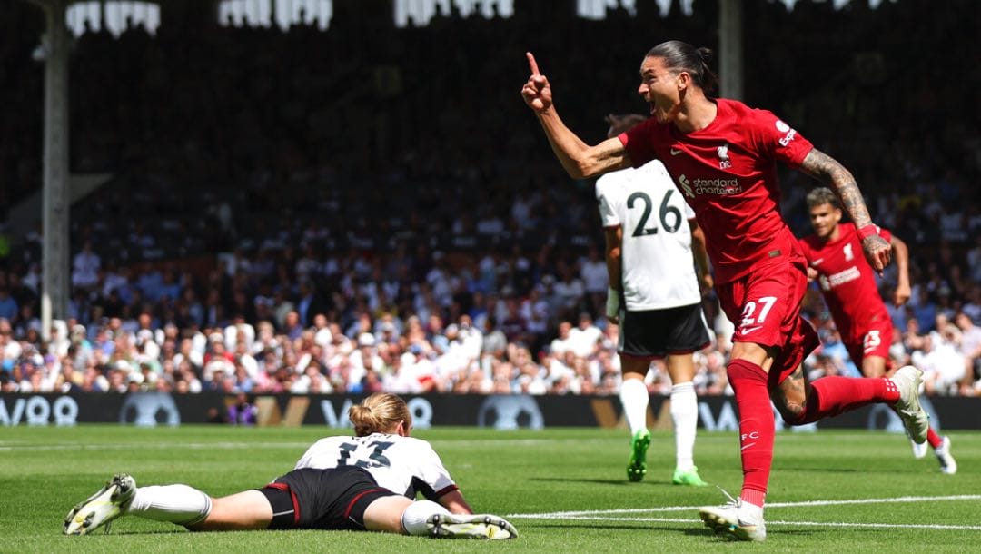Liverpool's Darwin Nunez celebrates after scoring during the English Premier League soccer match between Fulham and Liverpool at Craven Cottage stadium.