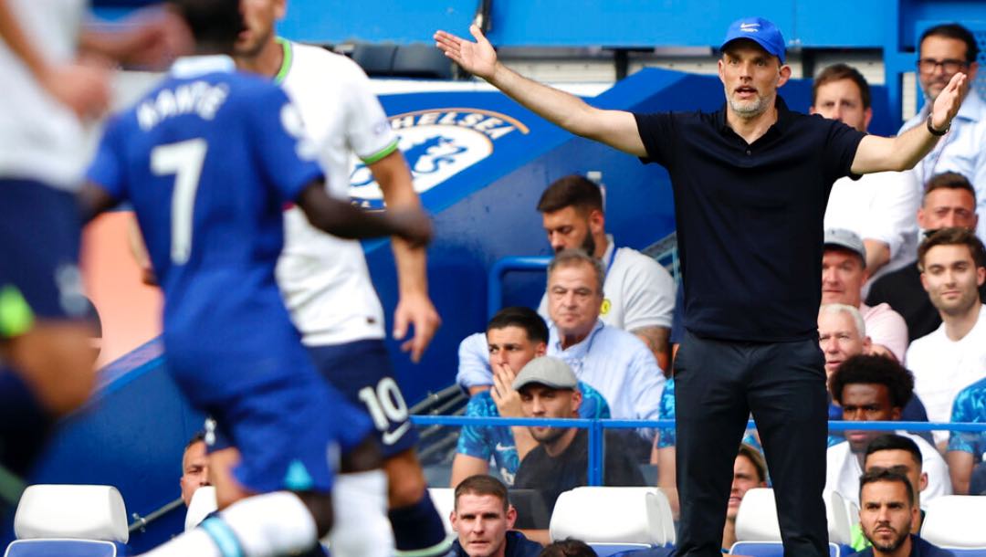 Thomas Tuchel, right, reacts during the English Premier League soccer match between Chelsea and Tottenham Hotspur