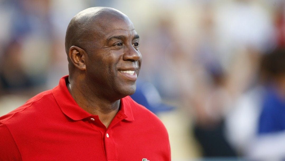 Magic Johnson at a Los Angeles Dodgers game.