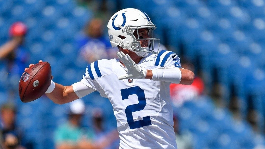 Indianapolis Colts quarterback Matt Ryan warms up before a preseason NFL football game against the Buffalo Bills in Orchard Park, N.Y., Saturday, Aug. 13, 2022.
