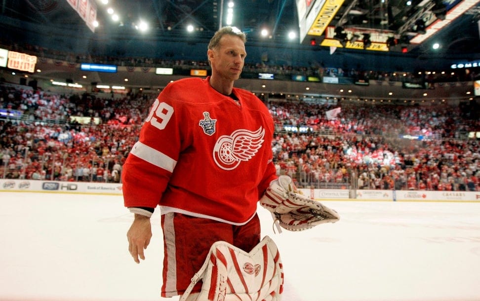 Detroit Red Wings goalie Dominik Hasek (39) of the Czech Republic skates off the ice after third period hockey action in Game 1 of the Stanley Cup finals in Detroit, Saturday, May 24, 2008.
