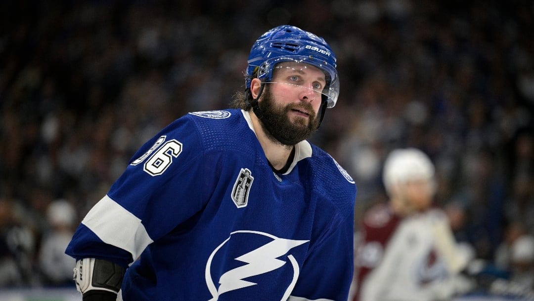 Tampa Bay Lightning right wing Nikita Kucherov (86) skates on the ice during the third period of Game 6 of the NHL hockey Stanley Cup Finals against the Colorado Avalanche on Sunday, June 26, 2022, in Tampa, Fla.