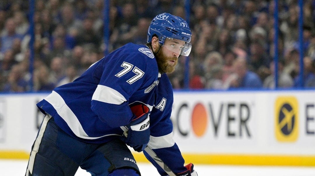 Tampa Bay Lightning defenseman Victor Hedman (77) attempts a shot during the third period of Game 4 of the NHL hockey Stanley Cup Finals against the Colorado Avalanche on Wednesday, June 22, 2022, in Tampa, Fla.