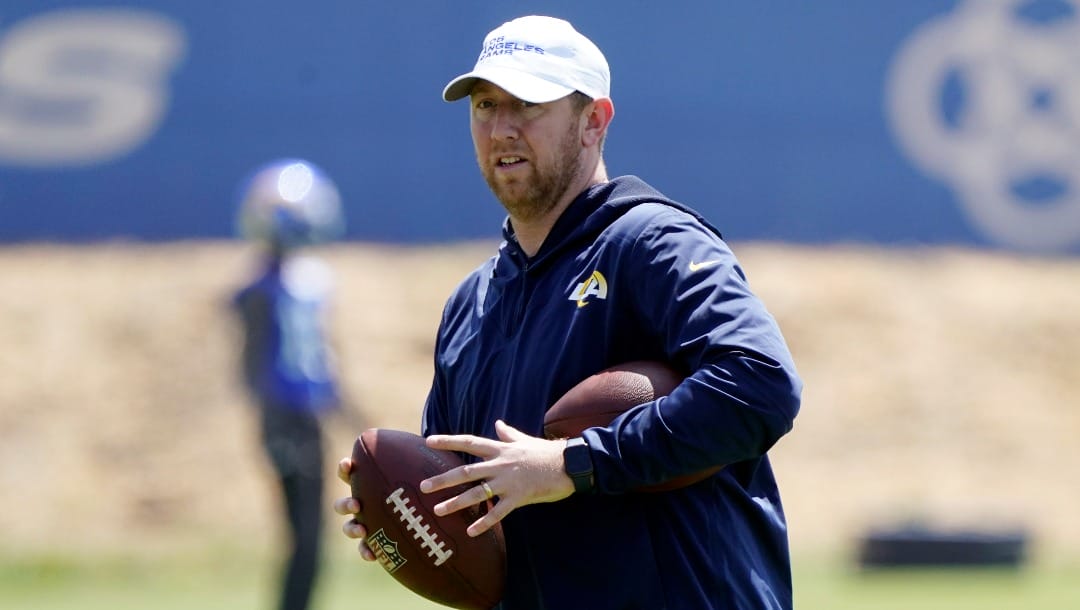 Los Angeles Rams offensive coordinator Liam Coen at the NFL football team's practice facility Thursday, May 26, 2022, in Thousand Oaks, Calif. (AP Photo/Marcio Jose Sanchez)