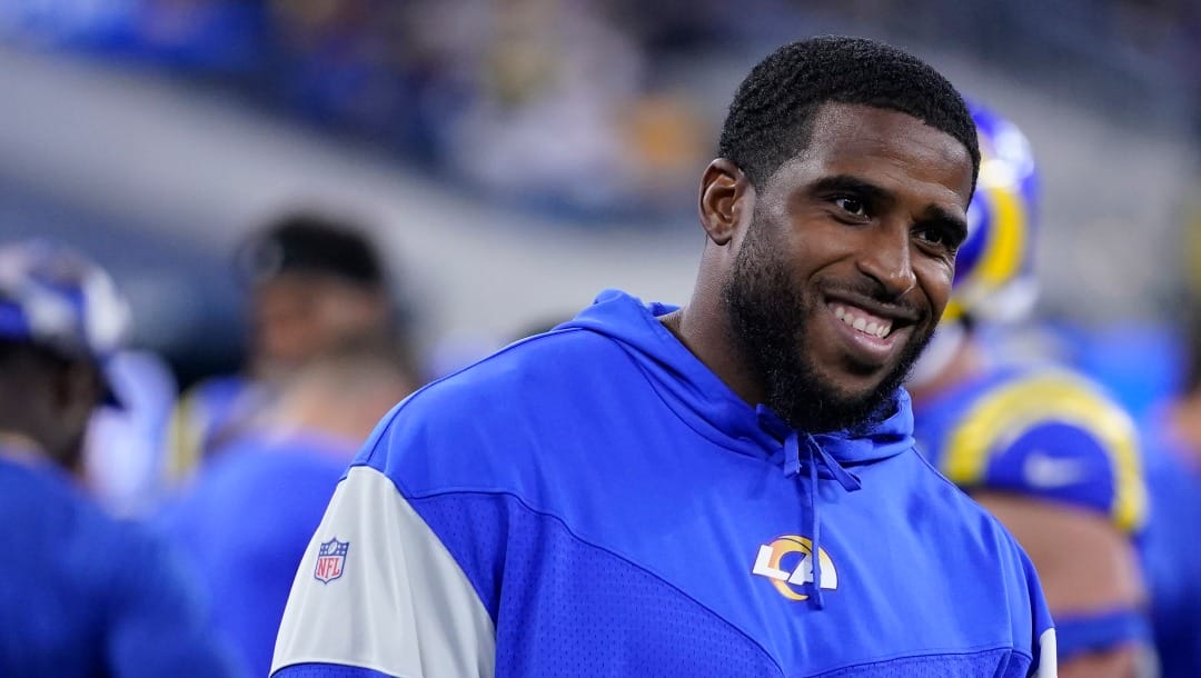 Los Angeles Rams linebacker Bobby Wagner (45) stands on the sideline during an NFL football game against the Houston Texans Tuesday, Aug. 23, 2022, in Inglewood, Calif. (AP Photo/Ashley Landis)