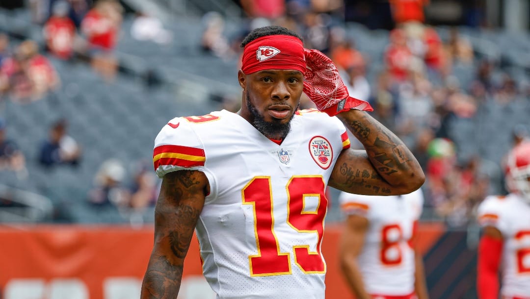 Kansas City Chiefs wide receiver Corey Coleman walks on the field before a preseason NFL football game against the Chicago Bears, Saturday, Aug. 13, 2022, in Chicago. (AP Photo/Kamil Krzaczynski)