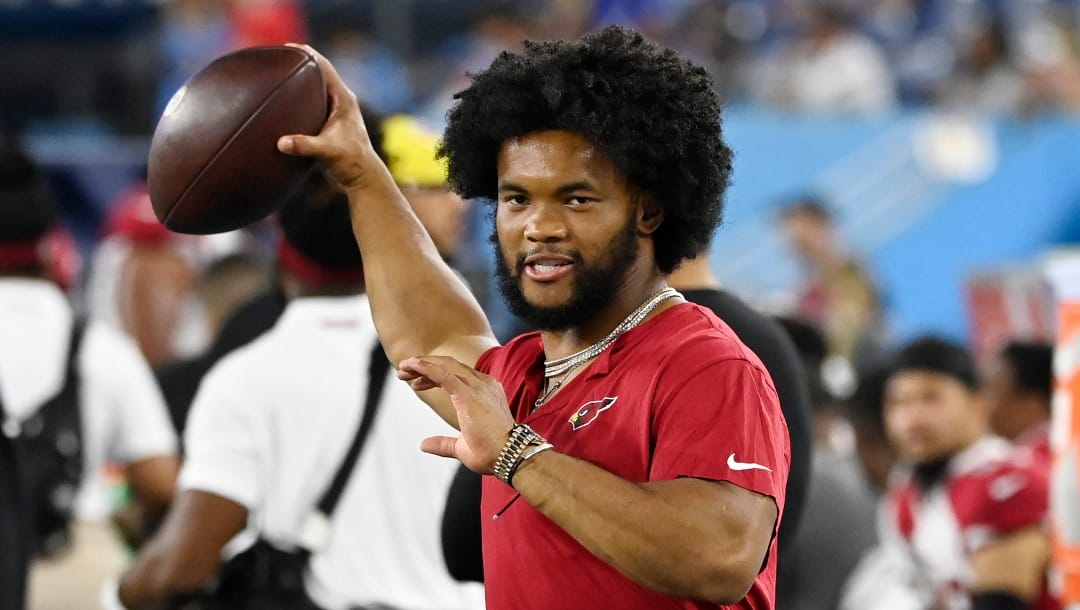 Arizona Cardinals quarterback Kyler Murray throws on the sideline in the second half of a preseason NFL football game between the Cardinals and the Tennessee Titans Saturday, Aug. 27, 2022, in Nashville, Tenn. (AP Photo/Mark Zaleski)