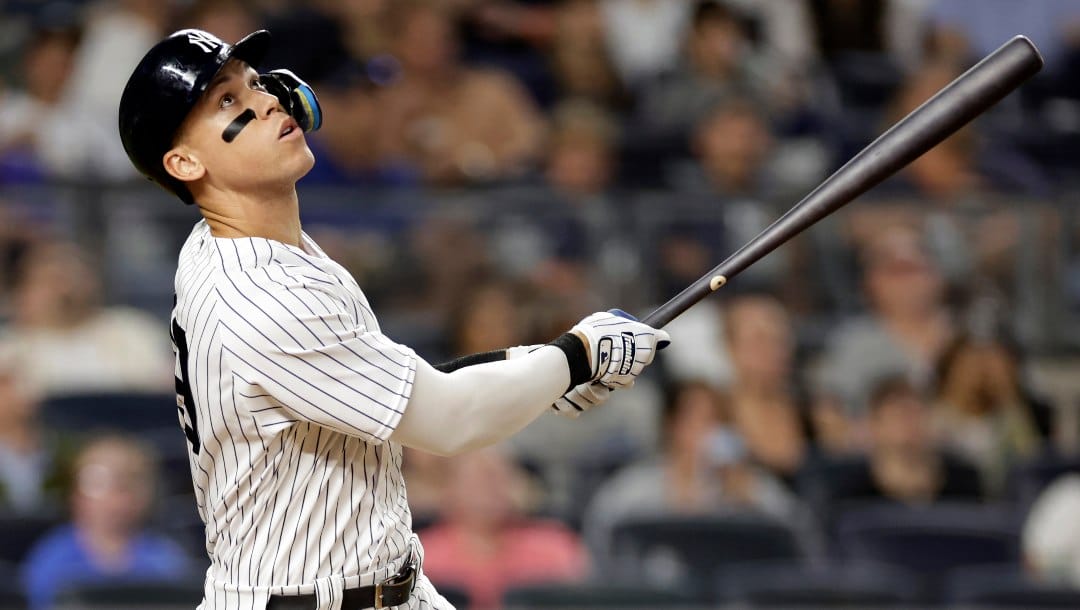 New York Yankees' Aaron Judge at bat during the fifth inning of a baseball game against the Tampa Bay Rays on Monday, Aug. 15, 2022, in New York. The Rays won 4-0.