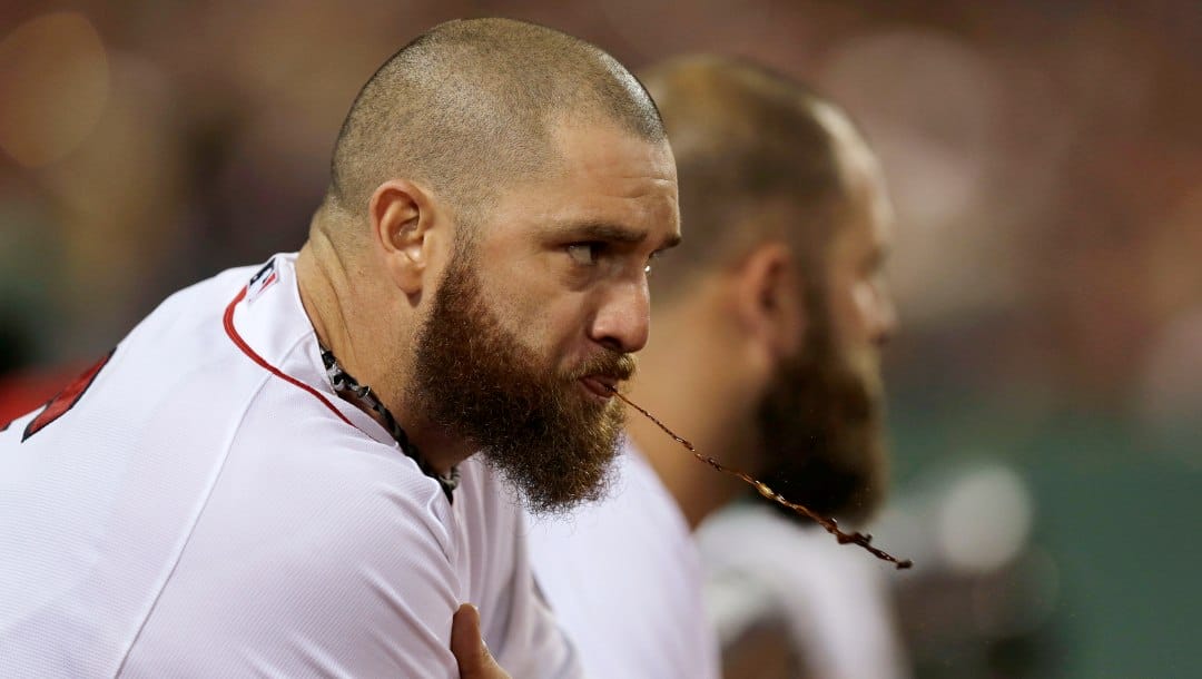 Boston Red Sox's Jonny Gomes expels tobacco juice as he watches from the dugout during the sixth inning in Game 2 of baseball's American League division series against the Tampa Bay Rays Saturday, Oct. 5, 2013, in Boston. The Red Sox won 7-4.