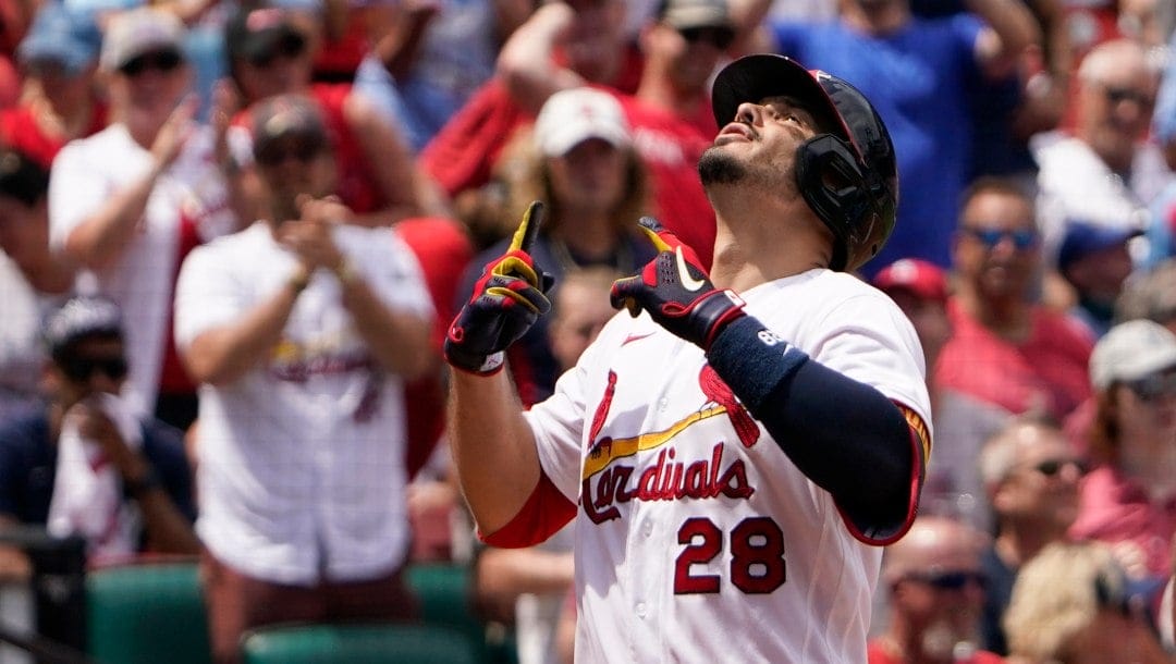 St. Louis Cardinals' Nolan Arenado celebrates after hitting a three-run home run during the second inning of a baseball game against the New York Yankees Sunday, Aug. 7, 2022, in St. Louis.