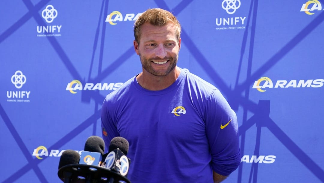 Los Angeles Rams head coach Sean McVay speaks to reporters at the NFL football team's practice facility in Irvine, Calif. Monday, Aug. 8, 2022. (AP Photo/Ashley Landis)