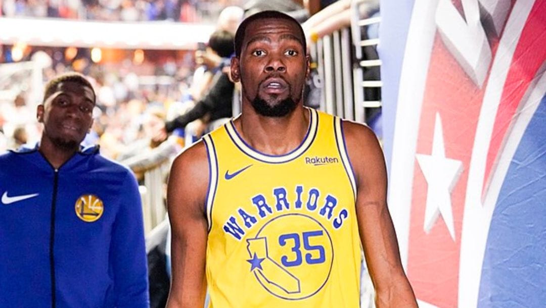 Kevin Durant of the Golden State Warriors walks off the court during the 2019 season.