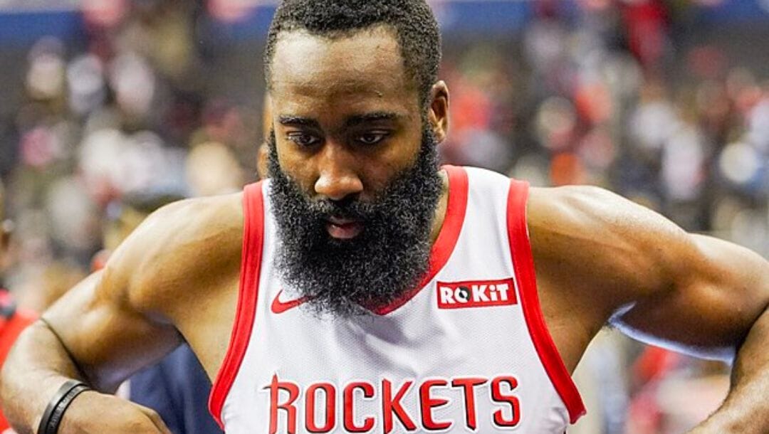 James Harden walks off the court after a Houston Rockets game in 2018.