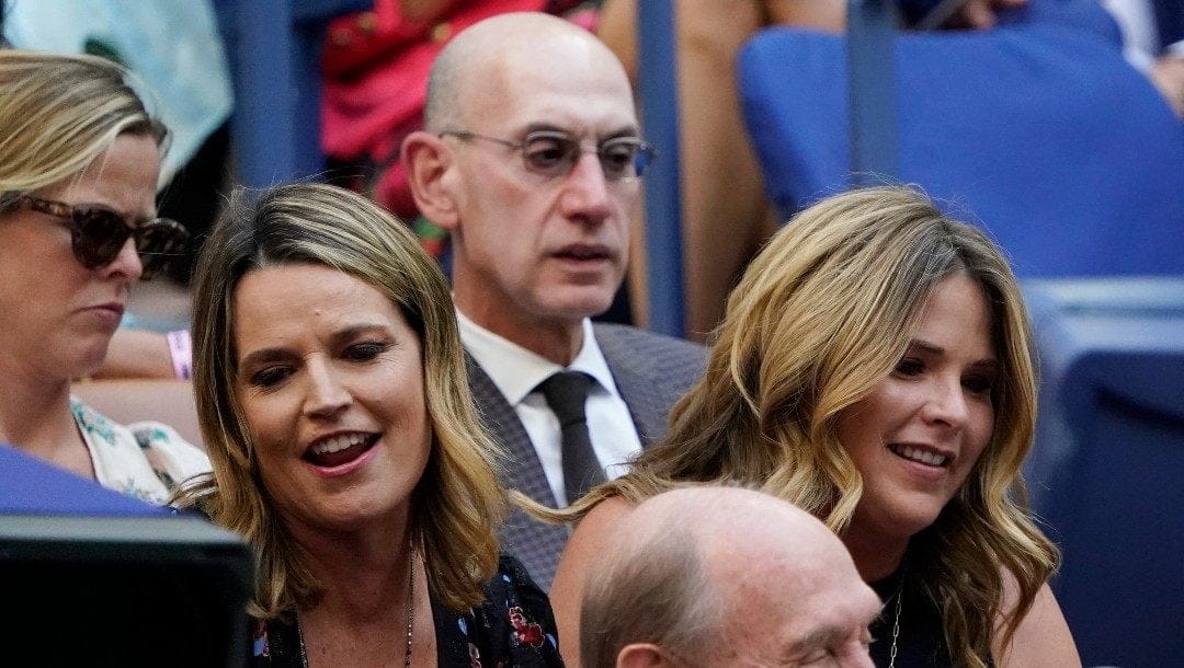 Savannah Guthrie, second from left, NBA commissioner Adam Silver, rear center, and Jenna Bush Hager, right, watch play between Emma Raducanu, of Britain, and Leylah Fernandez, of Canada,during the women's singles final of the US Open tennis championships, Saturday, Sept. 11, 2021, in New York.